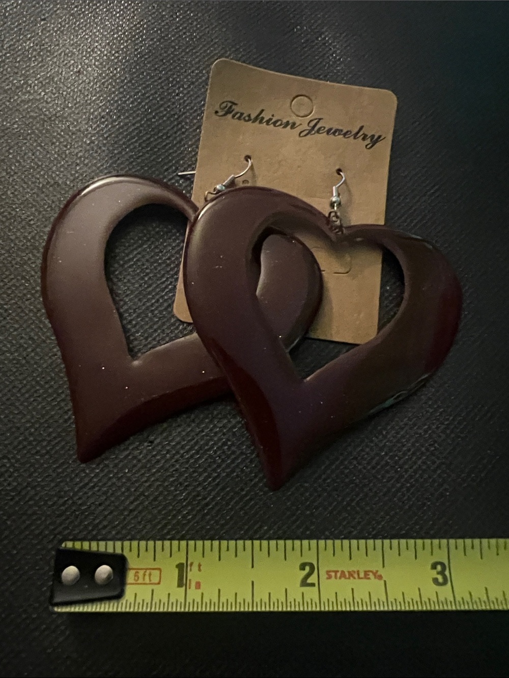 Fashion Jewelry Heart Dangle Earrings - Burgundy